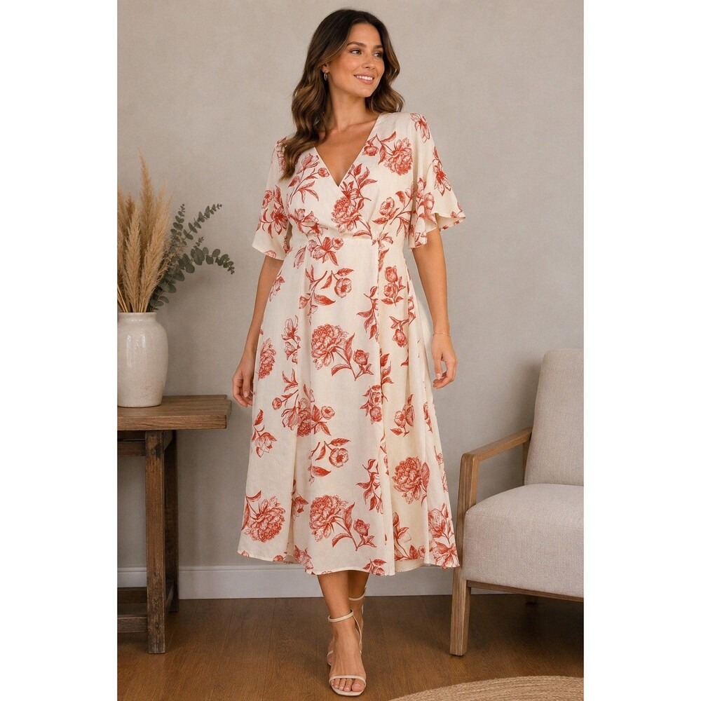 Showpo Floral Midi Dress Size 6 Cream Red Botanical V Neck Flutter Sleeve A Line